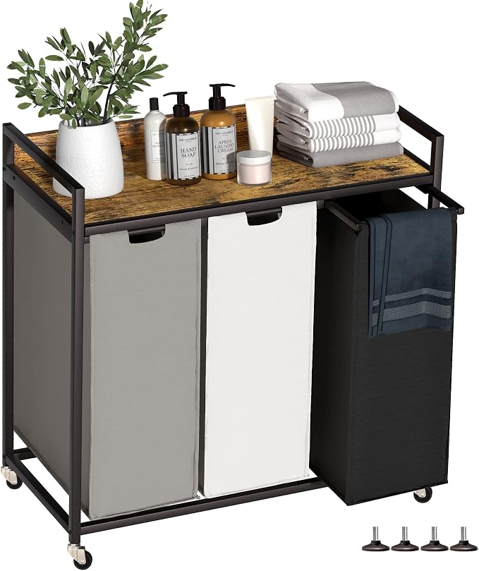 Herture Laundry Hampers with Shelf, Laundry Basket 3 Section, Laundry Sorter with Pull-Out Removable Large 3 Color Bags and Movable Wheels, Metal Frame, 3 x 15.87 Gallons (60L), Rustic Brown PF04XLN by Herture