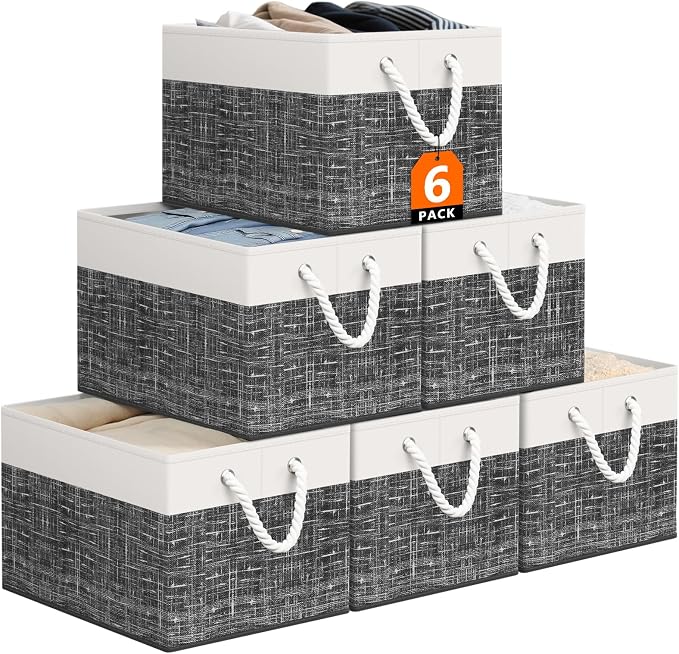 StorageTastic Storage Bin,Collapsible Storage Basket For Organizing,Large Storage Boxes With Rope Handles,Storage Containers,White & Black,6 Pack by StorageTastic