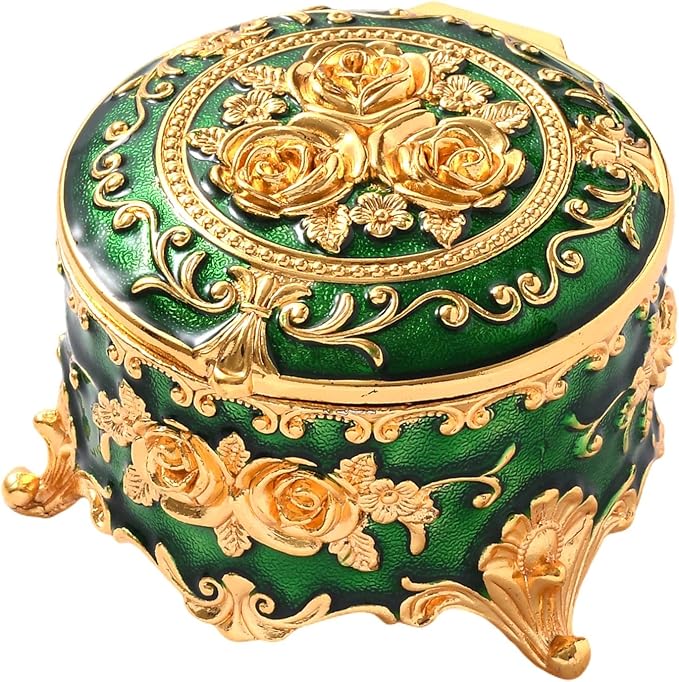 Vintage Jewelry Box, Gold Round Treasure Ring Box, Metal Trinket Organizer Keepsake Box Gift for Girl Women, Green by Unknown