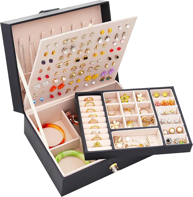 Earrings Jewelry Box for Girls, Large Capacity Jewelry Organizer with 40-Pair Earring Board, 2-Layer Leather Jewelry Storage Box for Necklaces Rings Bracelets with Removable Tray(Gift Idea),Black by ARIYIBO