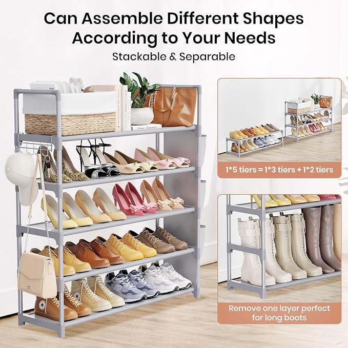 VILICK Shoe Rack for Closet Shoe Organizer Space Saver Storage for 20-25 Pair Shoe Shelf with Hook and Side Pocket Free Standing 5 Tier Shoe Rack Organizer for Entryway,Small Spaces, Grey - Image 5