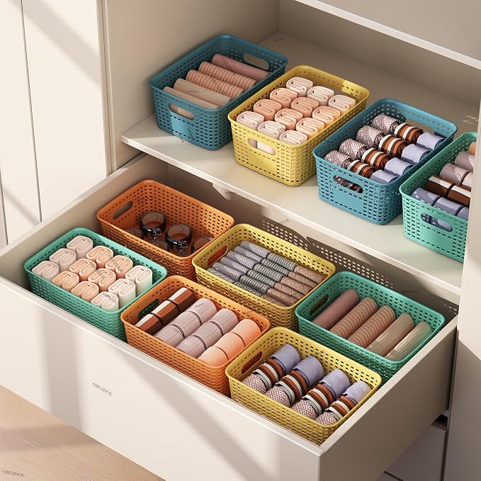 ORGIDOL Plastic Storage Basket with Lids 12 Pack Stackable Colorful Storage Bins Containers with Lid, Decorative Storage Boxes for Organizing Shelves, Drawers, Playroom, Classroom, Office, Closet - Image 8