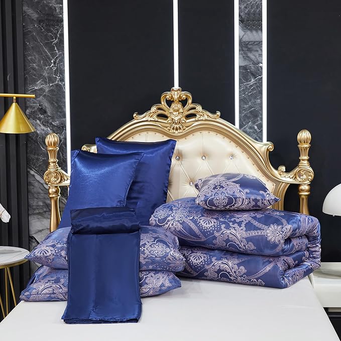 Jacquard King Comforter Set Blue Satin Sheet Set Elegant Bedding Set 8 Pcs Vintage Neoclassical Floral Bed Home Decor Soft Comforter Luxury Hotel Silky Bed in a Bag with 1 Cushion Cover