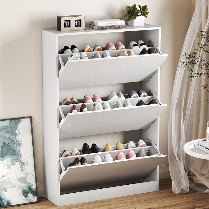 BORNOON Shoe Cabinet with 3 Flip Drawers, Hidden Wood Shoe Cabinet,Freestanding Shoe Storage Cabinet for Entryway Hallway.White. 47.2" H*31.5" W*9.45" D. by BORNOON