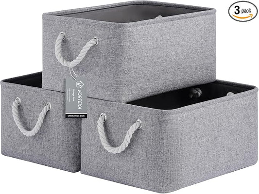 Large Storage Baskets- 15.7x11.8x8.26 inch Storage Bins for Shelves and Closet Organizing, Foldable Fabric Bin for Home Organization Clothes and Laundry (3-Pack, Gray) by VQRTEXAStorageBasket