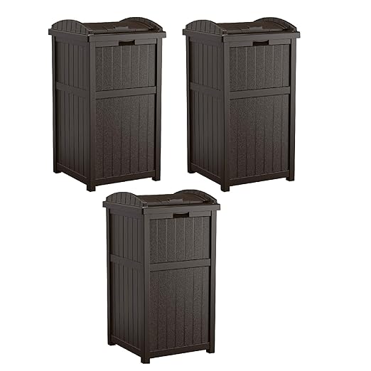 Suncast 3 Pack 33 Gallon Durable Plastic Hideaway Outdoor Garbage Can with Secure Lid & Wicker Design for Home Backyards, Decks, or Patios, Java Brown by Suncast