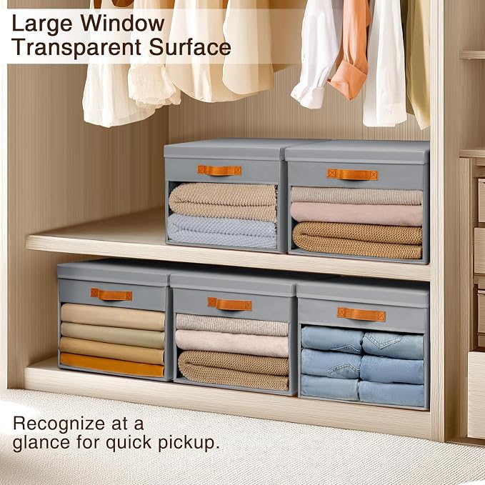Homsorout Large Storage Bins with Lids - 6 Pack Foldable Decorative Organizers with Clear Windows & Handles, Cube Storage Organizers for Clothes, Blankets, Sweaters, Sheets, Grey - Image 5