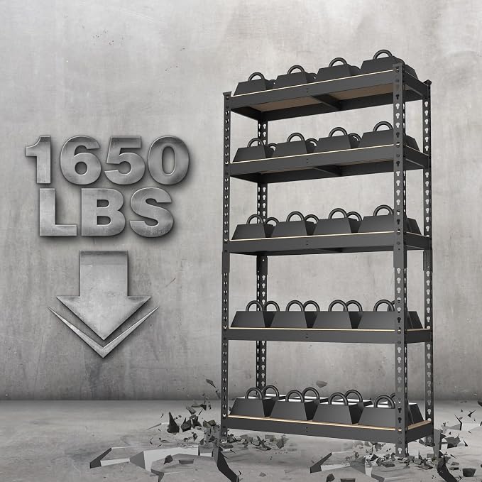 WORKPRO 5-Tier Steel Shelving Unit-Black, 27-2/5"W x 11-7/10"D x 60" H, Adjustable Storage Rack, Heavy Duty Shelf with MDF Board, 1650 lbs Load Capacity (Total) for Garage, Basement, Kitchen - Image 2