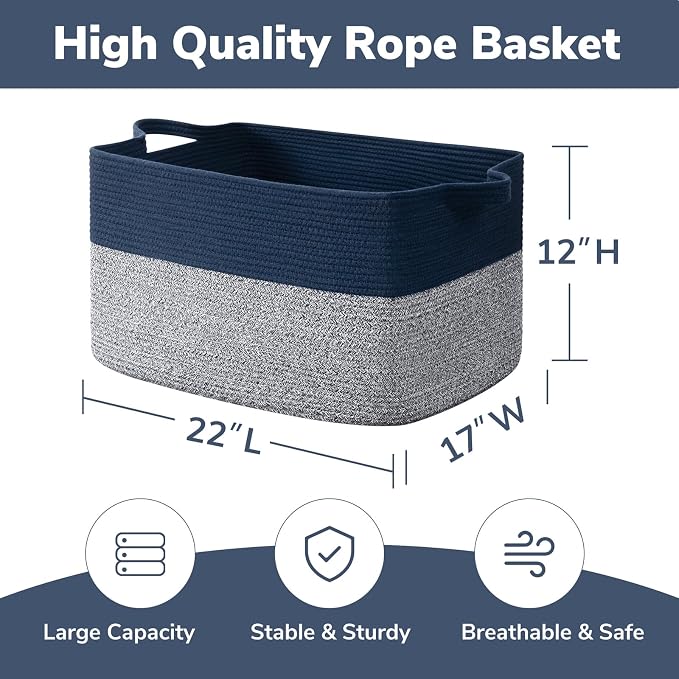 Goodpick Large Blanket Basket 22" x 17" x 12" Woven Storage Baskets for Organizing, Decorative Cotton Rope Basket for Living Room Home Decor, Toy Baskets for Kids, Mixed Blue - Image 3