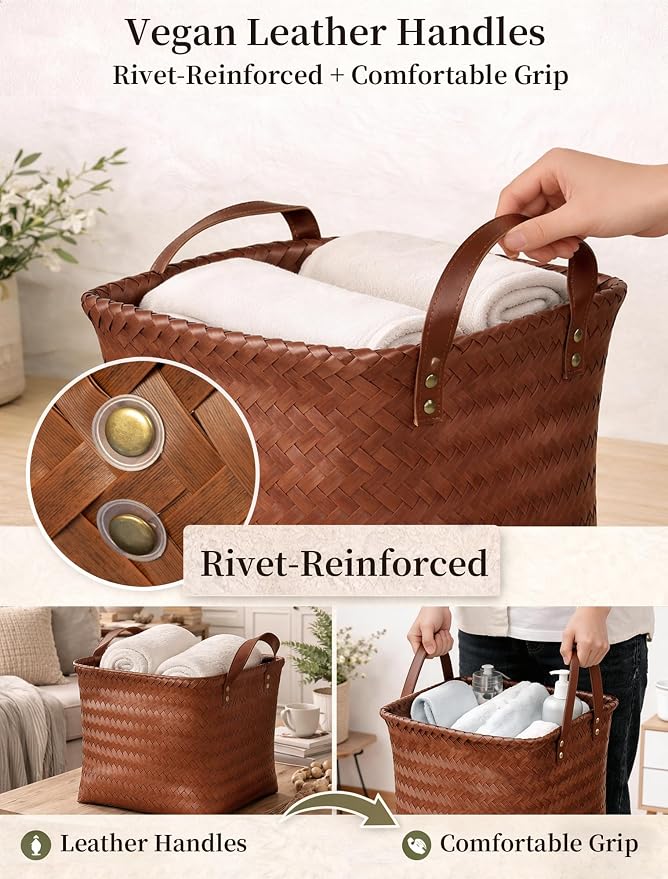 Hand Woven Baskets for Storage, 4Pcs Water-Resistant Wicker Baskets, Brown Wicker Storage Baskets for Shelves, Large Basket with Handle for Organizing, Clothes, Laundry, Blanket - Square - Image 6