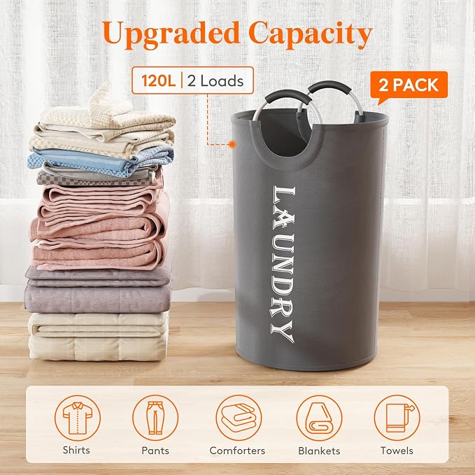 Lifewit 120L 2-Pack Large Laundry Basket, Collapsible Laundry Hamper with Aluminum Handles, Waterproof Freestanding Dirty Clothes Hampers for Laundry Room Bedroom Dorm Bathroom, Grey - Image 4