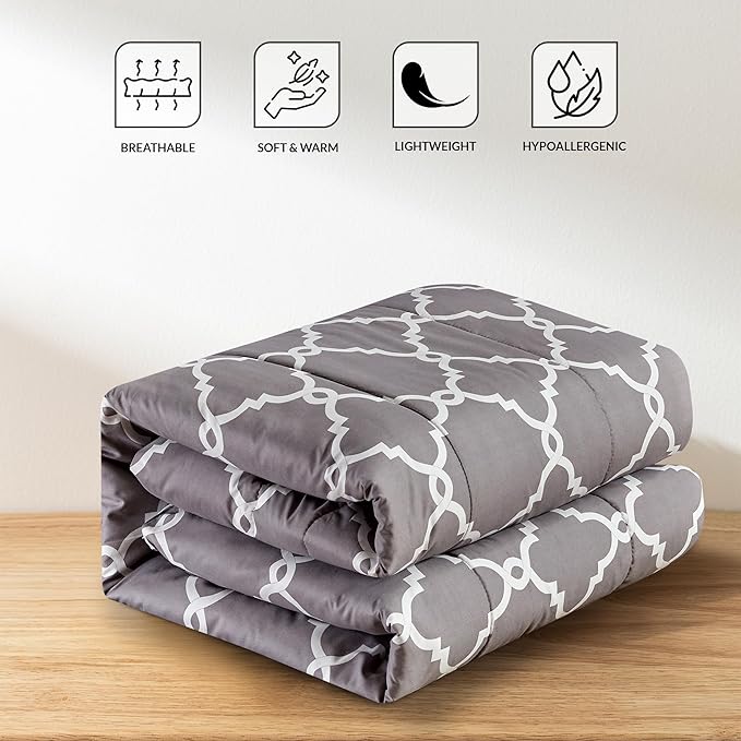 LUX Décor Reversible 5pc King Comforter Set, Printed Bedding Set, All-in-One Bed in a Bag, Includes 1 Comforter, 2 Pillow Shams, 1 Decorative Pillow & 1 Bed Skirt (Quatrefoil Grey,King)