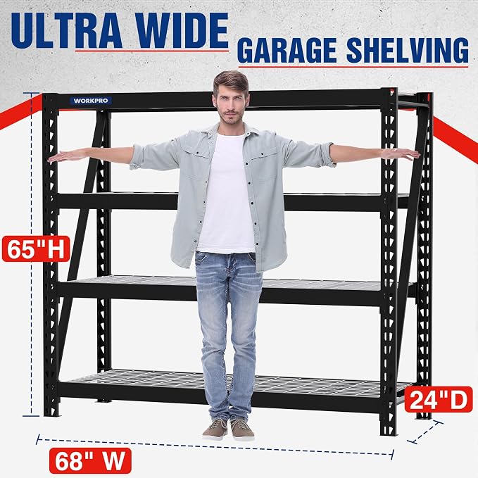 WORKPRO Garage Shelving, 68"W x 24"D x 65"H, 7200 LBS Load, Heavy Duty Metal Shelves for Storage, Industrial Shelving Storage Rack for Warehouse Kitchen Shop Basement, Black, Pack of 1 - Image 3