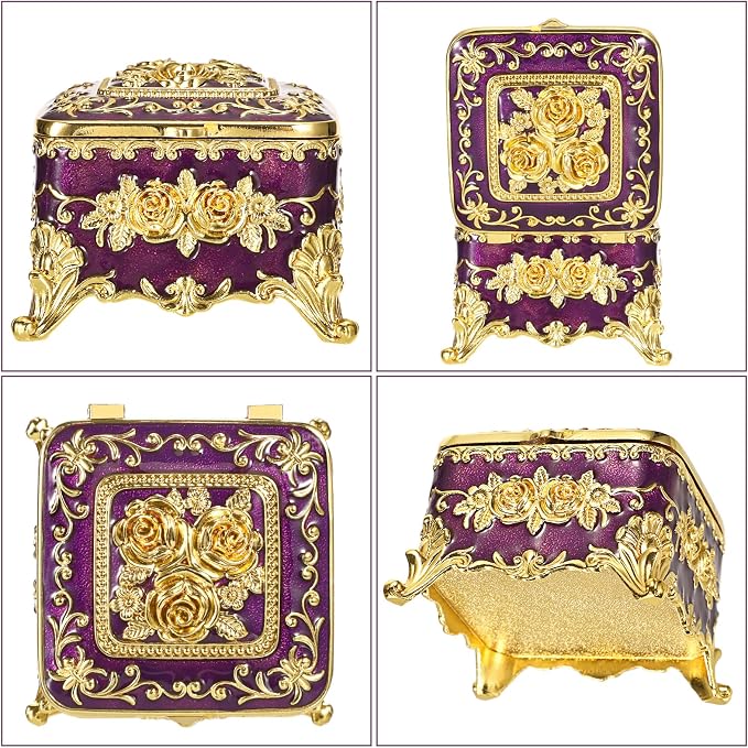 Hipiwe Vintage Jewelry Box Small Trinket Storage Organizer Box Gold Metal Chest Ring Case Treasure Chest Square Keepsake Boxes for Earrings Necklace Gift for Women,Purple - Image 7