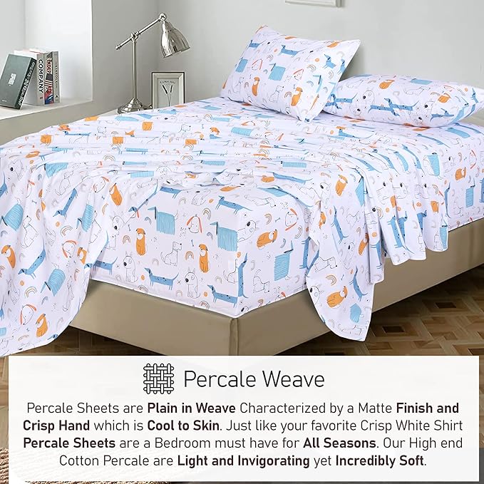 RUVANTI 100% Cotton Sheets – Twin XL Size Percale Bedding, Cooling & Breathable Floral Design, Durable with a Crisp, Soft & Comfortable Feel, 16" Deep Pocket, 3-Piece Set, Puppy Me