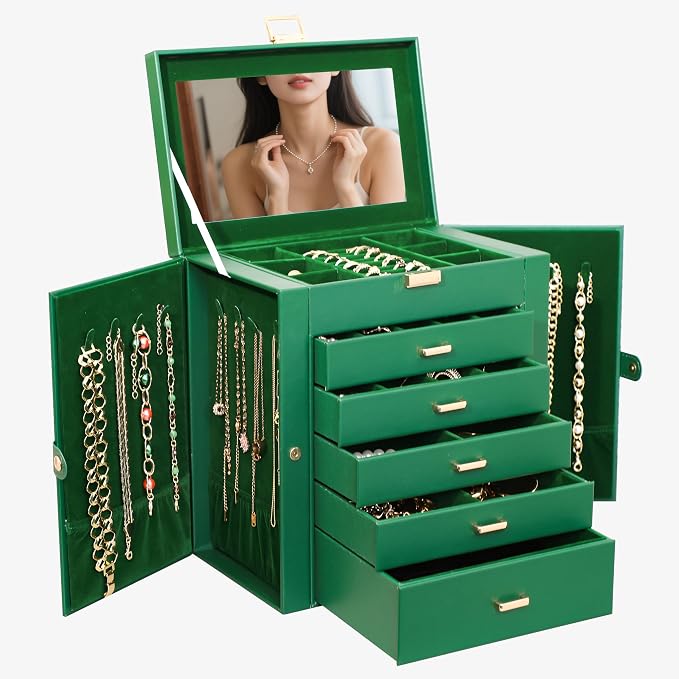 BOOVO Jewelry Box For women, 6 Layer Large Jewelry Organizer With Mirror, Multi-Function Storage Box With Lock, Necklace Holder With 5 Drawers, For Earrings Necklace Bracelet (Green and Gold) by BOOVO