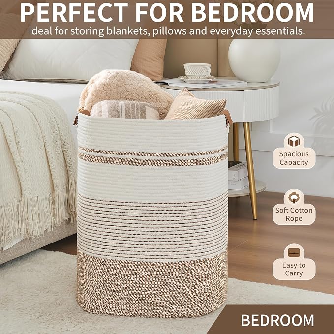 AINUOQI Laundry Basket with Handles - Blanket Basket & Hampers for Bedroom Aesthetic, Laundry Hamper & Blanket Storage for Living Room, Clothes Hamper, Tall, Large 17" x 14" x 22”, Brown & White - Image 6