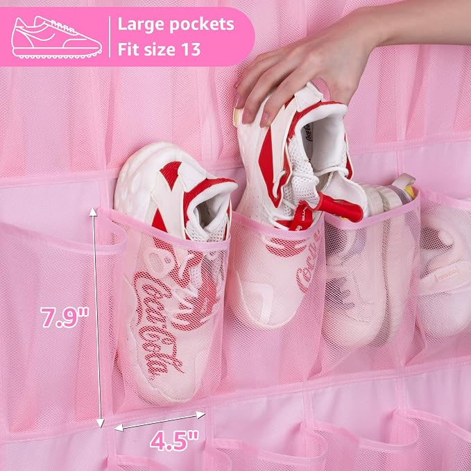 MISSLO 35 Large Pockets Over The Door Shoe Organizer Sturdy Oxford Fabric Hanging Shoe Rack for Door Mesh Closet Shoe Holder Hanger, Pink - Image 3