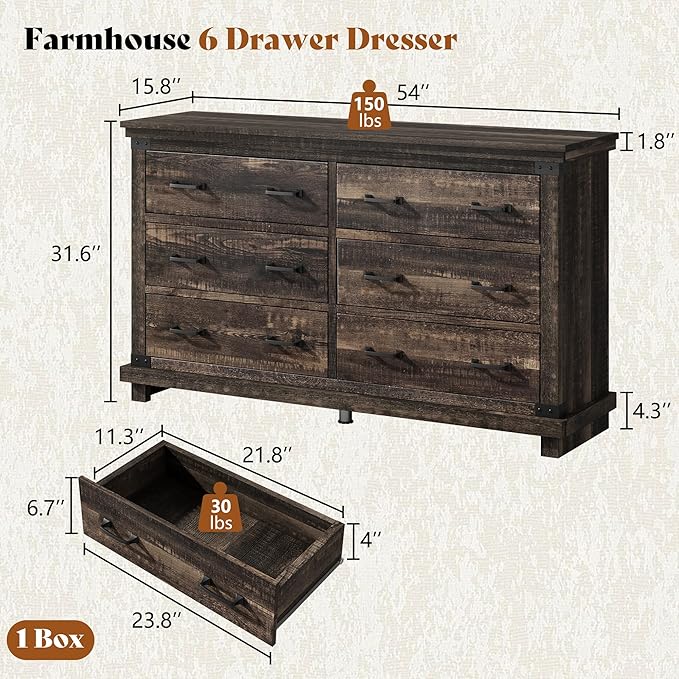 AMERLIFE 5 Pieces Farmhouse Bedroom Set, Includes Rustic King Bed Frame with 54" Tall Headboard, 6 Drawer Dresser, 5 Drawer Tall Chest, Nightstands Set of 2 with Charging Station, Black Oak