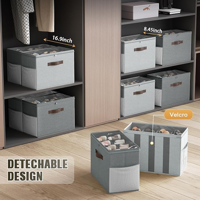 Budding Joy 2 Pack Shoe Organizer for Closet, Clear Foldable Shoe Storage Containers Adjustable Dividers Fits 16 Pairs,Shoe Storage Bins Baskets Boxes with Reinforced Handles Light Grey Greenish Grey - Image 5