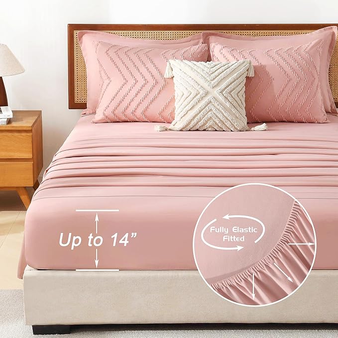 Litanika Blush Pink Queen Size Comforter Set with Sheets - 7 Pieces Bed in a Bag Queen Boho Tufted Complete Bedding Sets with Comforter, Sheets, Pillowcases & Shams