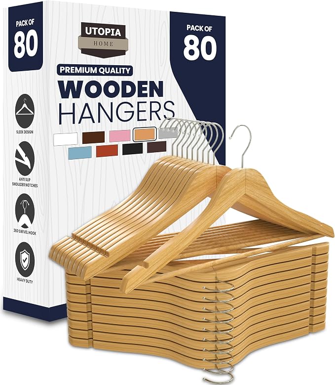 Utopia Home Premium Wooden Hangers 80 Pack - Durable & Slim Coat Hanger - Suit Hangers with 360-Degree Rotatable Hook - Wood Hangers with Shoulder Grooves (Natural Color) by UTOPIAHOME
