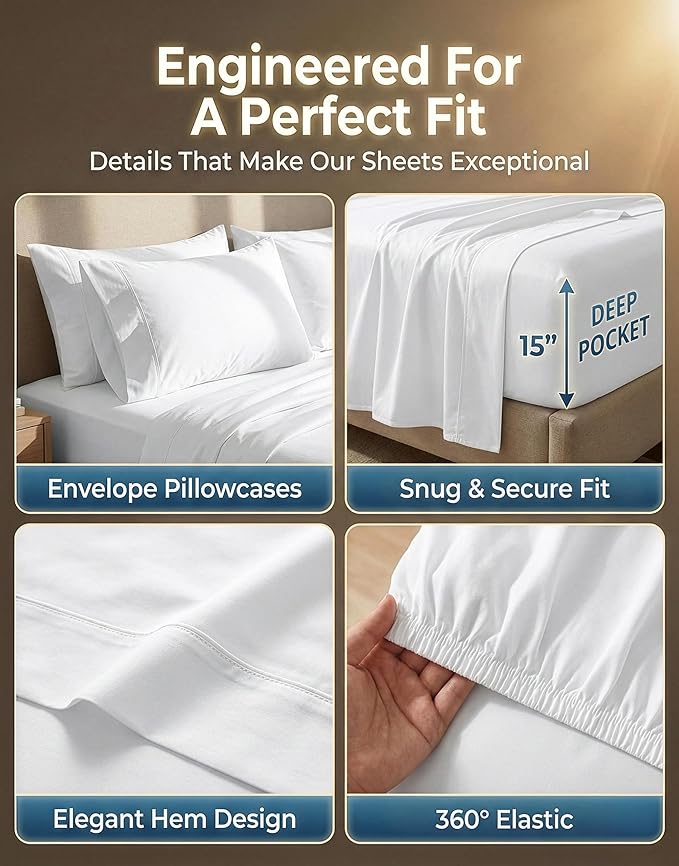 LANE LINEN Queen Sheet Set - 600 Thread Count Premium Soft Long Staple 100% Cotton Sheets, Hotel Luxury Sateen Silky Finish, Snug Fit 15" Deep Pocket, Low Pill, Machine Washable - White Sheets