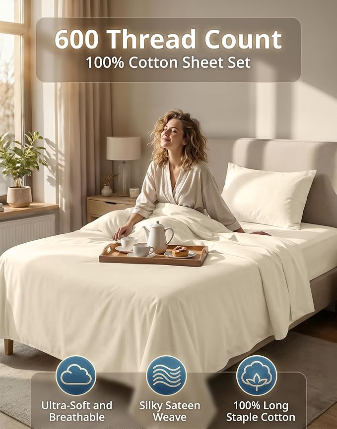 LANE LINEN Twin Cotton Sheets Set - 600 Thread Count Premium Sateen Weave for Gentle Feel On Skin - Hotel Quality Luxury for Single Beds - Securely Fits Mattresses Upto 15'' Deep - Ivory