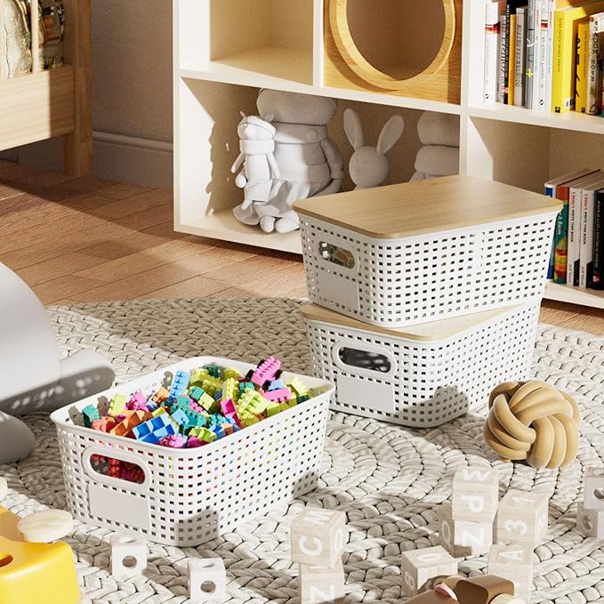 6Pcs Storage Bins with Lids, Stackable Plastic Storage Basket with Bamboo Lid, Pantry Organizer Box Small Containers for Organizing Shelves Drawer Desktop Closet Cabinet Office Classroom 10x7.1x4.1in - Image 9