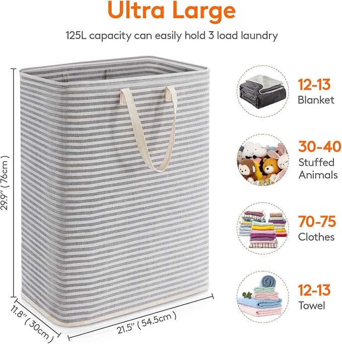Lifewit 1 Pack Laundry Basket 125L Each, Collapsible Clothes Hamper with Reinforced Handles, Freestanding Waterproof Design for Bedroom and Laundry Room, Grey 125L Total - Image 4