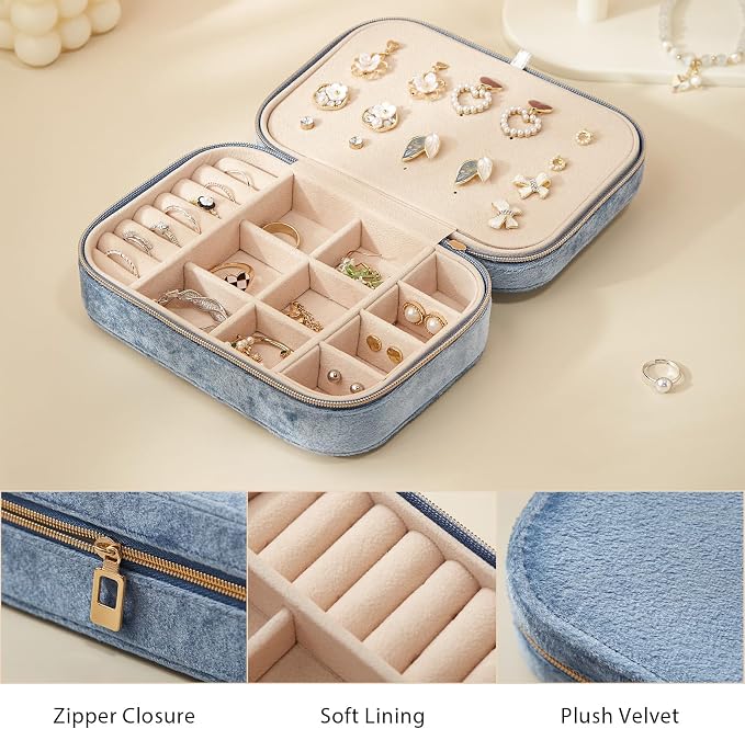 CASEGRACE Plush Velvet Travel Jewelry Box, Portable Jewelry Case for Women Girls, Double Layer Jewelry Organizer Display Box for Necklace Earring Rings Bracelet, Travel Accessory Gifts, blue - Image 5