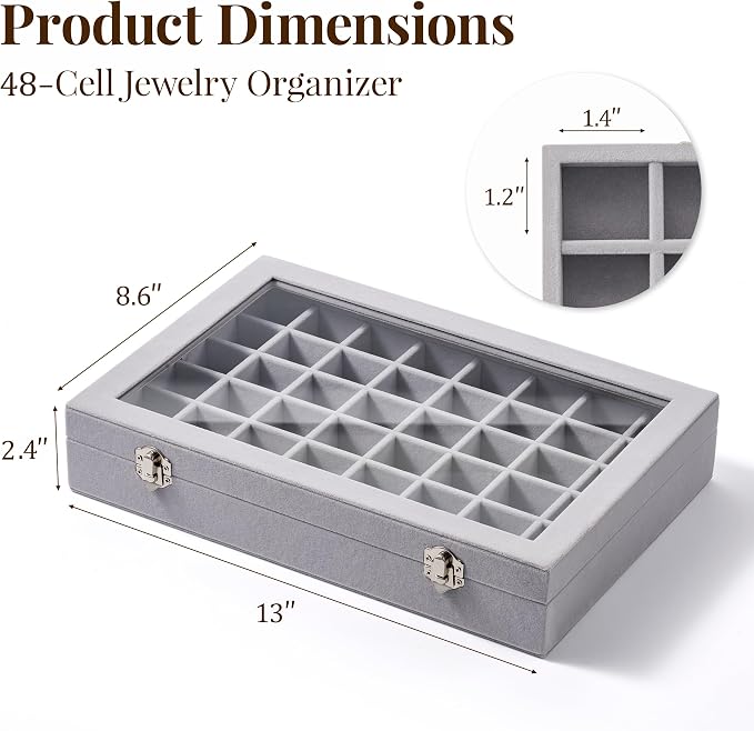 48 Grid Earring Organizer and Storage: Velvet Jewelry Tray with Lid, Jewelry Box for Studs, Earrings, Rings, Necklaces, Dresser & Vanity, Earrings Case Organizer for Girls, Women, 13"x8.6"x2.4", Grey - Image 3