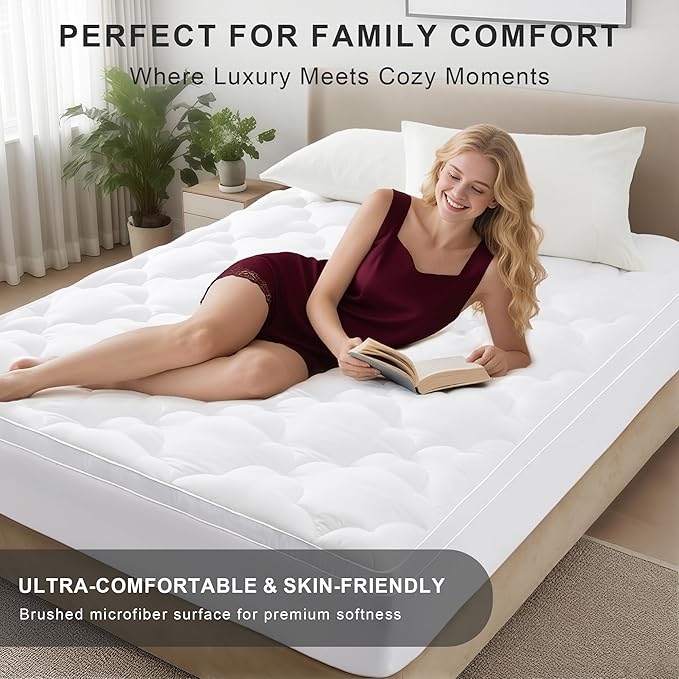 1 Inch Quilted Mattress Pad Pillow Top Mattress Cover Protector Cooling Soft for Breathable Padded Deep Pocket 8-21 Fitted Supportive(White,Queen Size)