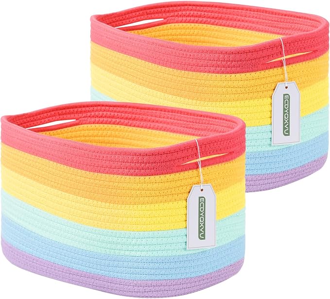 ECDYQXVU Cotton Rope Storage Basket, 15x10x9 Inches, Woven Basket for Shelves, Clothes, Towels, Books, and Laundry, Rainbow (2 Pack) by ECDYQXVU