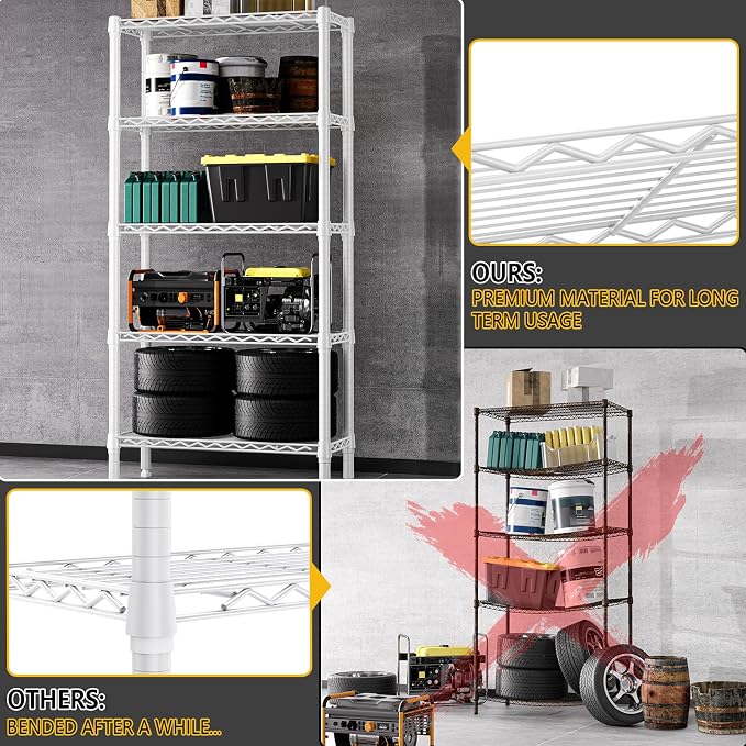 M MZG 1250 lbs 5 Tier Shelf Metal Storage Shelves Wire Rack Closet Organizers for Garage Kitchen Bathroom Laundry White 11.8" D x 29.5" W x 59.5" H - Image 6