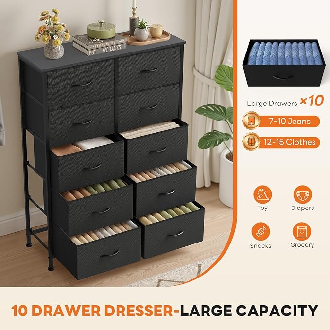 Sweetcrispy Black Dresser for Bedroom, 10 Drawer Tall Dresser, Fabric Storage Tower with Bins, Chest Organizer Unit for Bedroom Closet, Hallway, Steel Frame Wood Top, Easy Pull Handle - Image 4