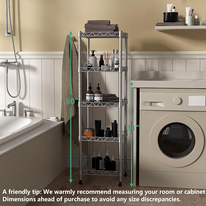 GIOTORENT 5 Tier Standing Shelving Metal Units, Adjustable Height Wire Shelf Display Rack for Laundry Bathroom Kitchen 11.8 W x 11.8 D x 50 H (5-Tier, Grey, Matte/Glossy Finish) - Image 5