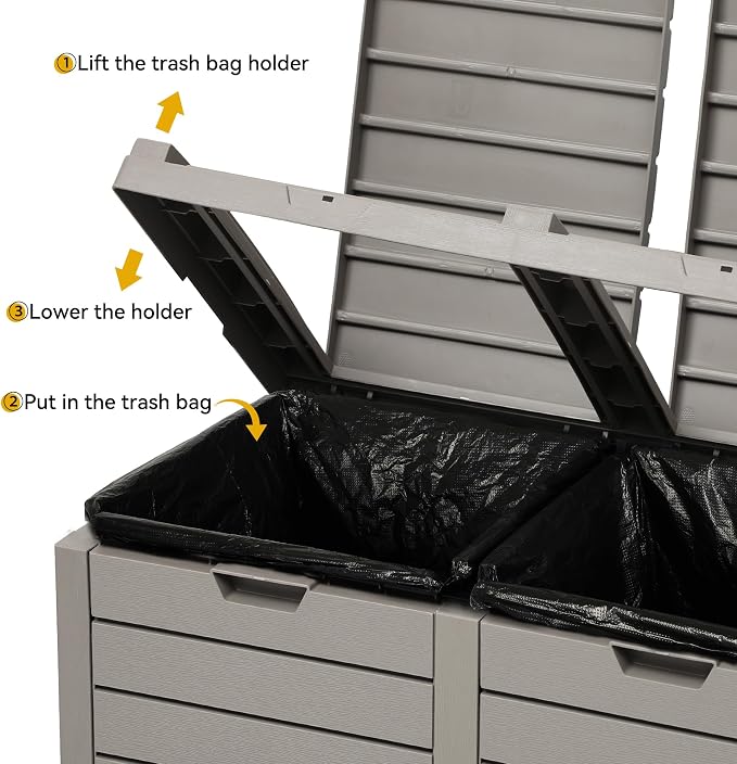 DWVO 76 Gallon Outdoor Resin Trash Can with Dual Lid and Drip Trays, 248 Quart Hideaway Garbage Bin for Porch, Backyard, Deck, Patio, Poolside, Easy Maintenance, 30.7''L x 16.3''W x 33.9''H (Taupe) - Image 5