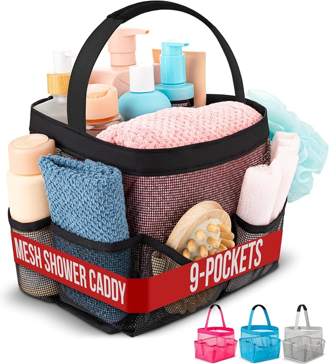 Masirs Shower Caddy Mesh - 9 Pocket Portable Bathroom Organizer Tote for Travel, Gym & Dorm - Collapsible Small Shower Caddy Bag to Hold Toiletries & Essentials (Black) by Masirs