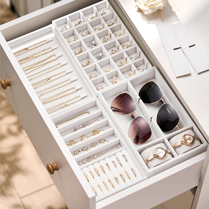 Velvet Jewelry Drawer Organizer Trays – White Stackable Jewelry Storage Inserts Set, 4-Layer Jewelry Tray Set for Earrings, Rings, Necklaces, Bracelets with Removable Dividers for Dresser & Vanity - Image 5
