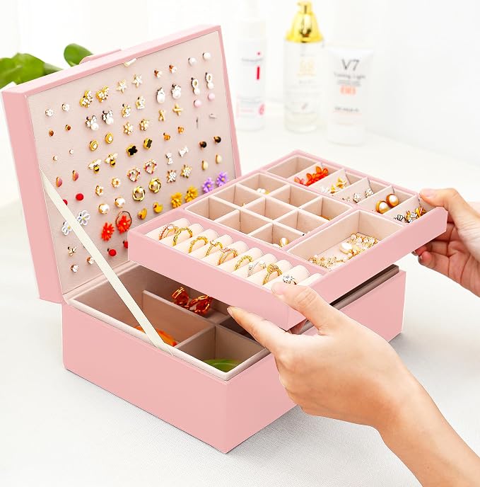 QBestry Girls Jewelry Box Earring Holder Organizer for Girls Earring Organizer Teen Jewelry Box Organizer for Girl Pink jewelry Boxes for Earrings Necklaces Rings Stud Earrings Box Organizers Teens - Image 7