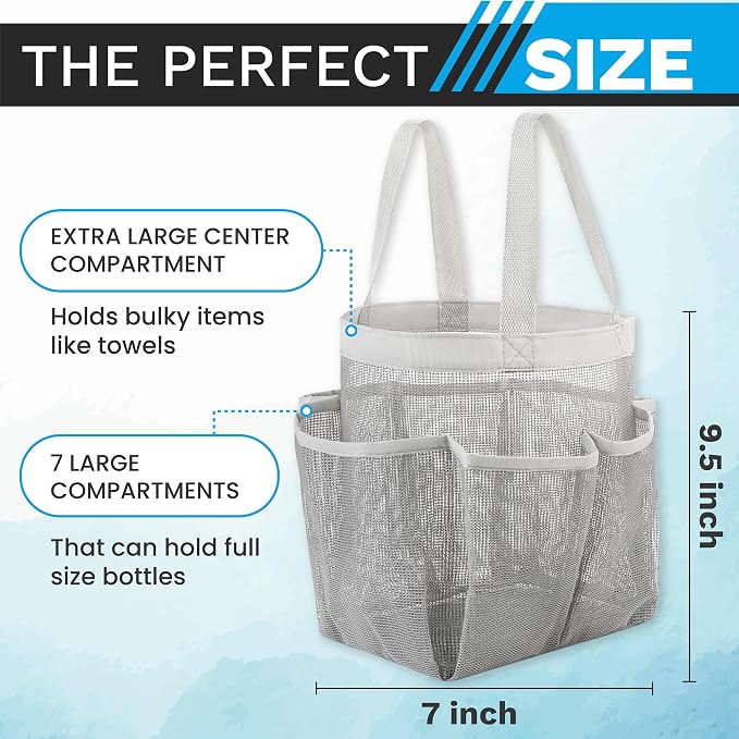 Handy Laundry Mesh Shower Caddy – 7 Pocket Portable Organizer Tote for College Dorm, Gym, Travel & Bathroom – Quick Dry, Collapsible, Lightweight Shower Bag with Handle (Gray) - Image 3