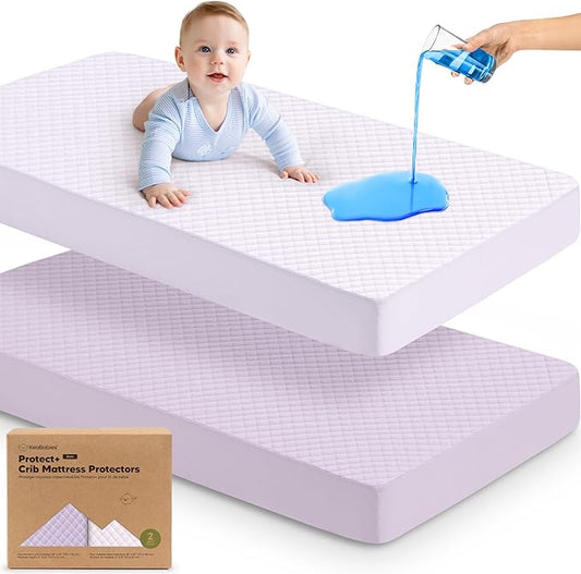 2-Pack Waterproof Crib Mattress Protector Cover Fitted - Quiet Baby Crib Mattress Pad Sheets, 52" x 28" Soft Quilted Cotton Baby Sheet, Machine Washable, Easy Fit, Durable (Lilac/Quin)