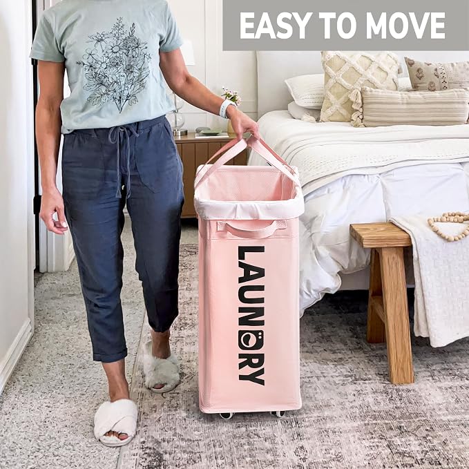 Goodpick Pink Laundry Baskets with Wheels 2-Pack, 75L Rolling Laundry Basket with Removable Wash Bags, Large Laundry Hamper for Corner Dorm, Collapsible Laundry Basket on Wheels - Image 5