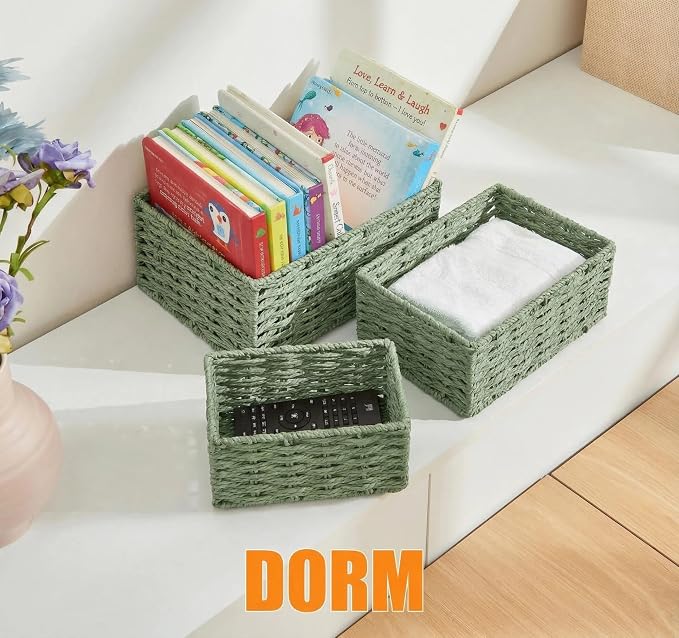 Small Wicker Basket for Organizing, Woven Storage Basket Set of 3 - Handwoven Natural Paper Rope Baskets to Declutter Any Room, Perfect for Organizing and Home Decor (Green) - Image 5