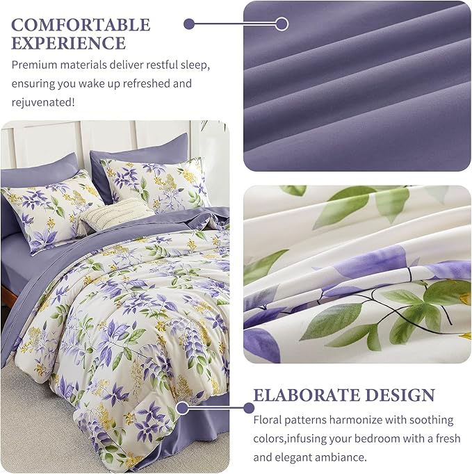 Cottolester Queen Comforter Set- 7 Pieces Floral Comforter Bed in A Bag,Purple Green Botanical Comforter Set with Pillowcases,Soft Microfiber Complete Bedding Sets for All Season