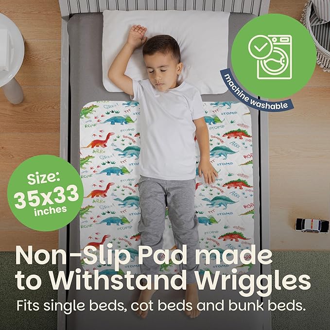 Lynmark® Potty Training Mattress Protector Pee Pads for Kids - Waterproof Toddler Bed Wetting Mat for Toilet Training - Non-Slip Washable Bedwetting Topper Absorbs Up to 2000ml - 35" x 33", Dinosaur