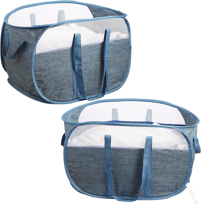 2 Pcs Collapsible Laundry Baskets, Tear Proof Pop Up Laundry Hamper with Dual Handles, Durable Foldable Laundry Basket, Easy to Carry Laundry Hamper for Home, Laundry Room, Bedroom, Dorm, Travel Blue by BATTOO