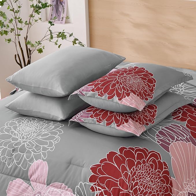 Yiran Bed in a Bag Queen Comforter Set 7 Pieces Burgundy Pink Red Floral Comforter Set Flower Soft Microfiber Bedding Set for All Season 90"×90"