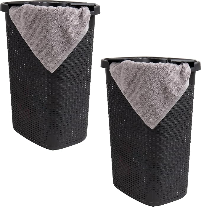 Mind Reader Slim Laundry Hamper with Lid, 60L Tall Clothes Basket, Narrow Tapered Design for Bathrooms, Closets and Laundry Rooms, Plastic, 2 Pack, Black by MindReader